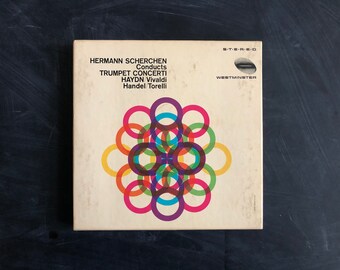 Rudolph de Harak design, Hermann Scherchen, Trumpet Concerti, Haydn, Vivaldi, Handel, Torelli, 1/4" Reel to Reel, Modernist Design, Colorful