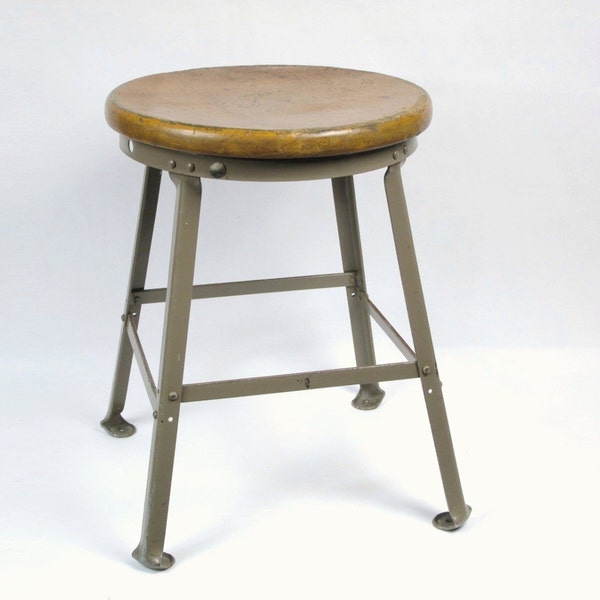 Vintage Metal & Wood Industrial Shop Stool, Short Classroom Stool, 19 in. Seat Height, Putty Metal Finish