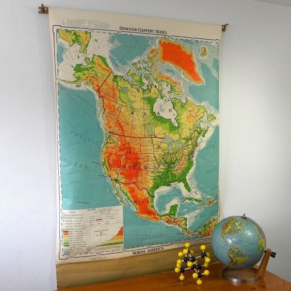 1960 Classroom Pull Down Map of North America, Denoyer Geppert Series, Wonderful Vivid Colors