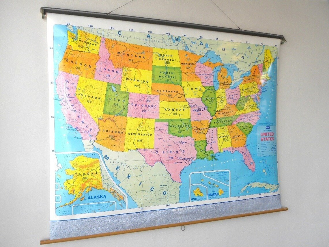 Colorful U.S. Map Classroom Pull Down Map Multicolored Etsy