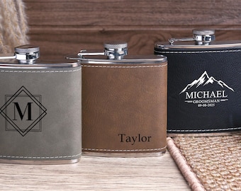 Personalized Leather Hip Flask,Custom Engraved Flask for Men,Groomsmen Gifts,Wedding & Best Man Gifts,Groomsman Leather Flask,Boyfriend Gift