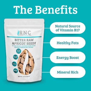 May include: White bag of Bitter Raw Apricot Seeds, 454g, with text: "The Benefits." Features include: Natural Source of Vitamin B17, Healthy Fats, Energy Boost, and Mineral Rich. The bag is labelled as Non-GMO, Gluten Free, Vegan, and Raw.