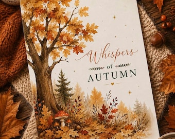 Herfstwenskaart, aquarel eikenboom en paddenstoel, kaart met herfstgefluister, gezellige boskaart, herfstboskunst, blanco binnenkant