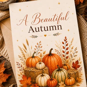 Könnte beinhalten: Eine cremefarbene Grußkarte mit dem Text A Beautiful Autumn in brauner Schrift. Die Illustration zeigt orangefarbene und weiße Kürbisse, Heuballen, Weizenähren und rote Ahornblätter in einer herbstlichen Anordnung.