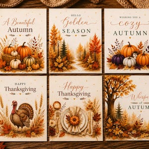 Könnte beinhalten: Sechs rechteckige Grußkarten mit herbstlichen Motiven. Die Designs zeigen Kürbisse, einen Wald, einen Truthahn und eine gedeckte Tafel. Der Text umfasst A Beautiful Autumn, Hello Golden Season, Wishing You a Cozy Autumn, Happy Thanksgiving und Whispers of Autumn.