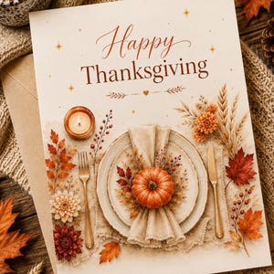 Könnte beinhalten: Eine rechteckige Grußkarte mit dem Text Happy Thanksgiving in brauner Schreibschrift und Serifenschrift. Die Illustration zeigt ein Gedeck mit Teller, Serviette, Kürbis, Gabel, Messer und Kerze, umgeben von Herbstblättern und Weizen.