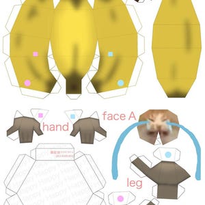 May include: A printable papercraft model of a banana cat. The model includes a banana body, two hands, two legs, and two faces. The faces are of a crying cat and a cat with big eyes. The text "Banana Cat" is printed on the model.