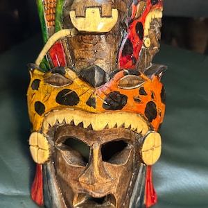 Vintage Tribal Carved Wooden Mask: Aztec Mayan Wall Art
