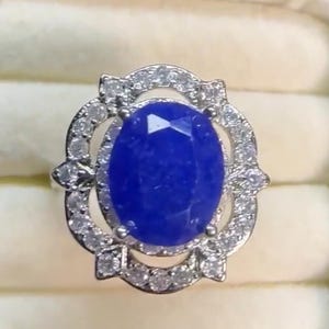 Art Deco Royal Blue Sapphire. Topaz Accent 925 Silver Halo Ring Size 6