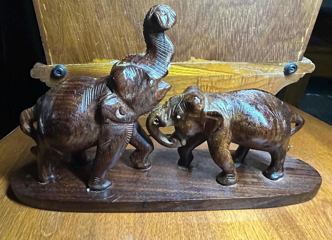 1950s Hand Carved Teakwood Statue of Elephants Playing | Vintage Carved ...