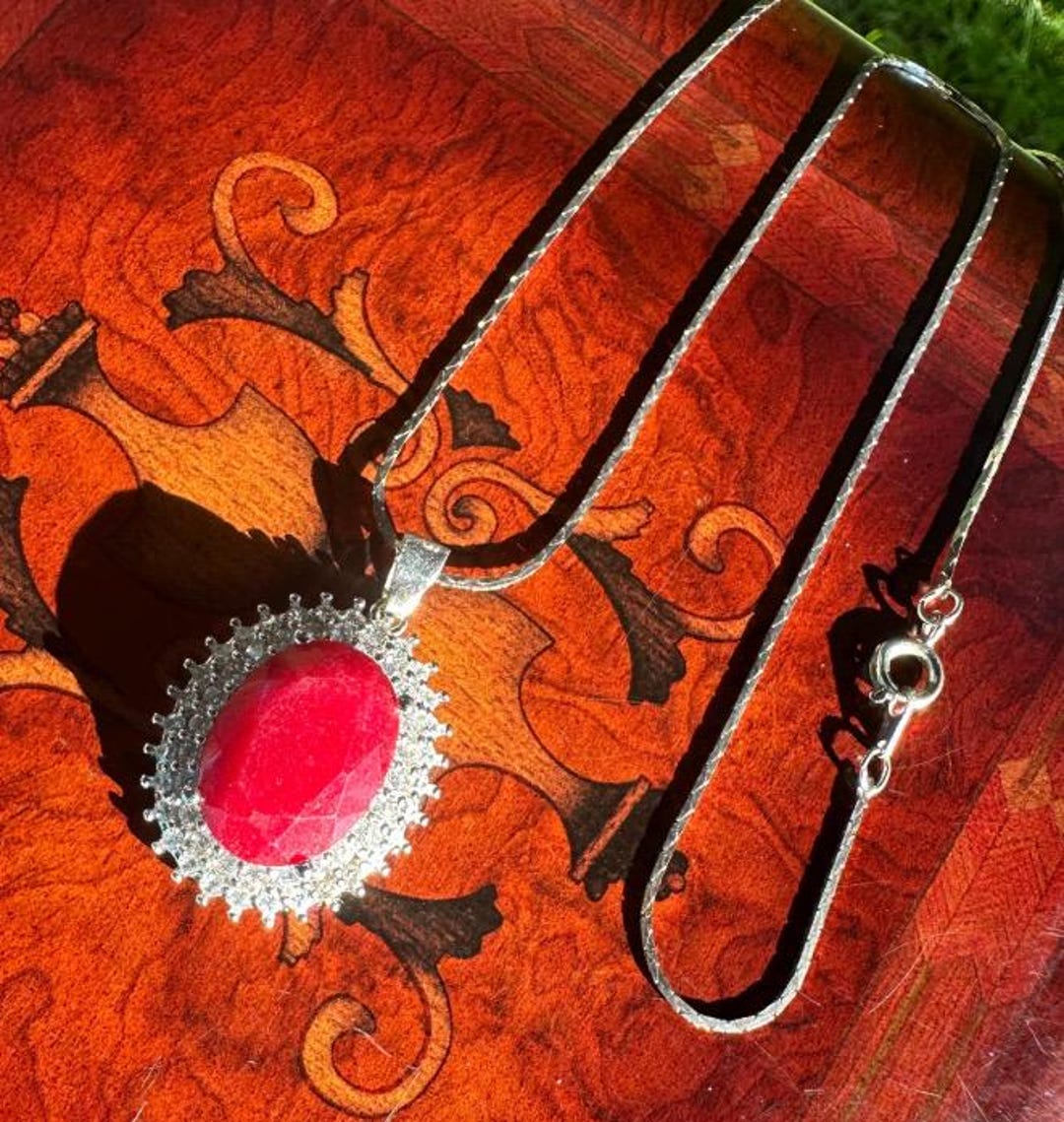Antique Design - Red Ruby, White Sapphire 925 Silver Halo Pendant W/ 18 ...
