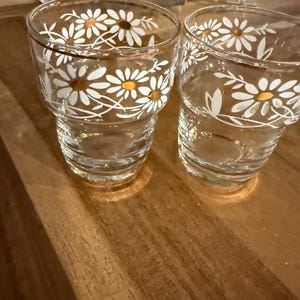May include: Two clear glass tumblers with a white daisy floral design and gold trim. The daisies have yellow centers. The glasses are sitting on a wooden surface.