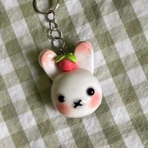 Handmade Strawberry Miffy Rabbit Cute Handmade Clay Bag Charm Keychain Trinket