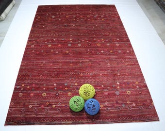 7x10 Red Hand Knotted Gabbeh Wool Rug - Afghan Geometric Motif Area Rug