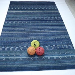 7x10 Ft Gabbeh Area Rug - Blue Afghan Hand Knotted Tribal Lori Baft Wool Rug - Geometric Motif Rug - Kilim Style Rug - Bedroom Rug - Rugs