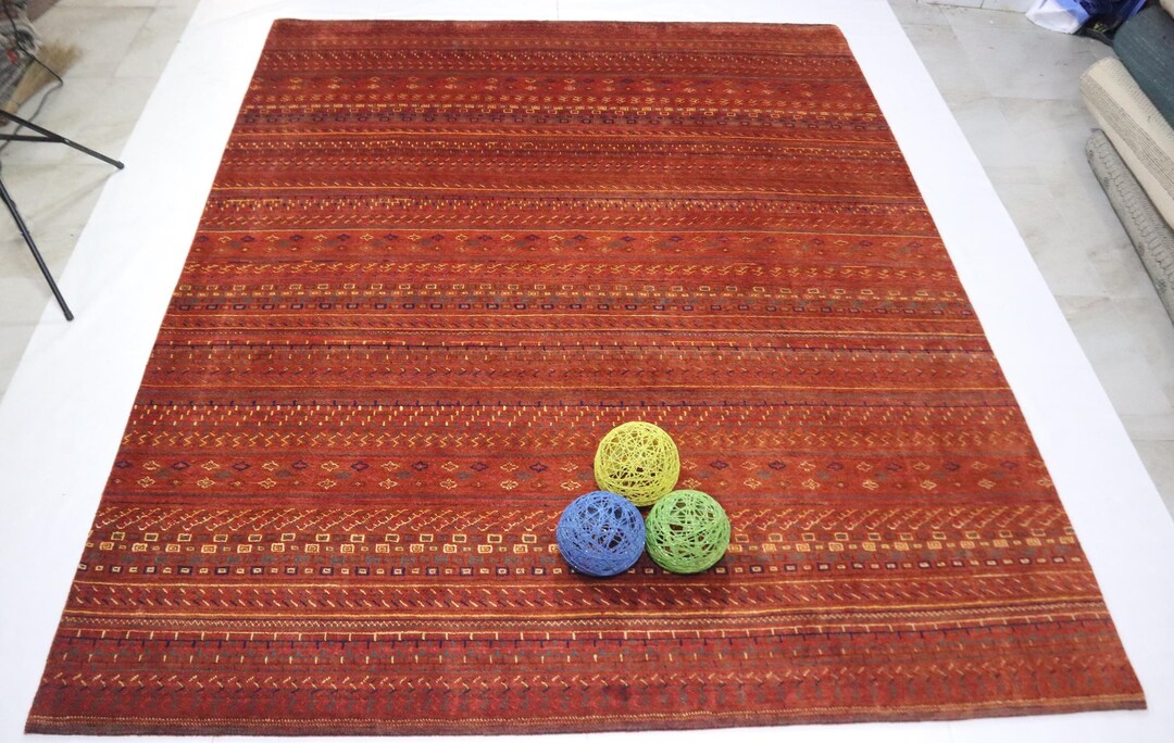 Rust 8x10 Ft Gabbeh Area Rug - Afghan Hand Knotted Geometric & Striped ...