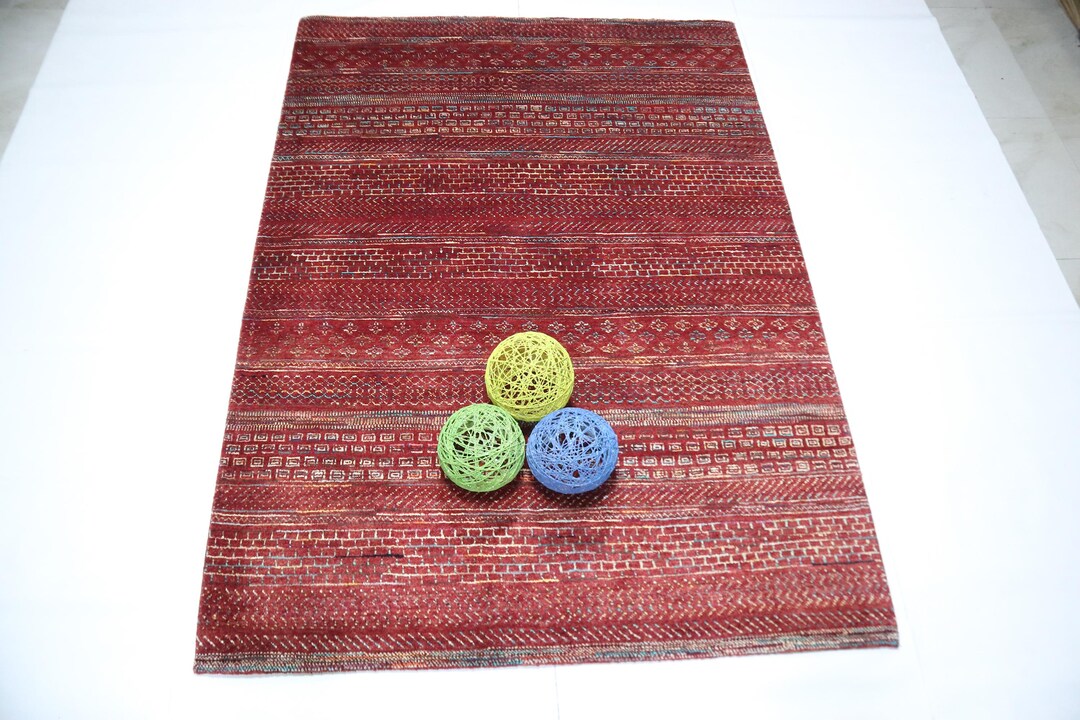 5x7 Ft Red Gabbeh Area Rug - Afghan Hand Knotted Geometric Motif Thick ...
