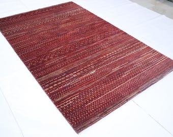 4x6 Red Afghan Wool Rug – Hand-Knotted Gabbeh, Striped Tribal Design