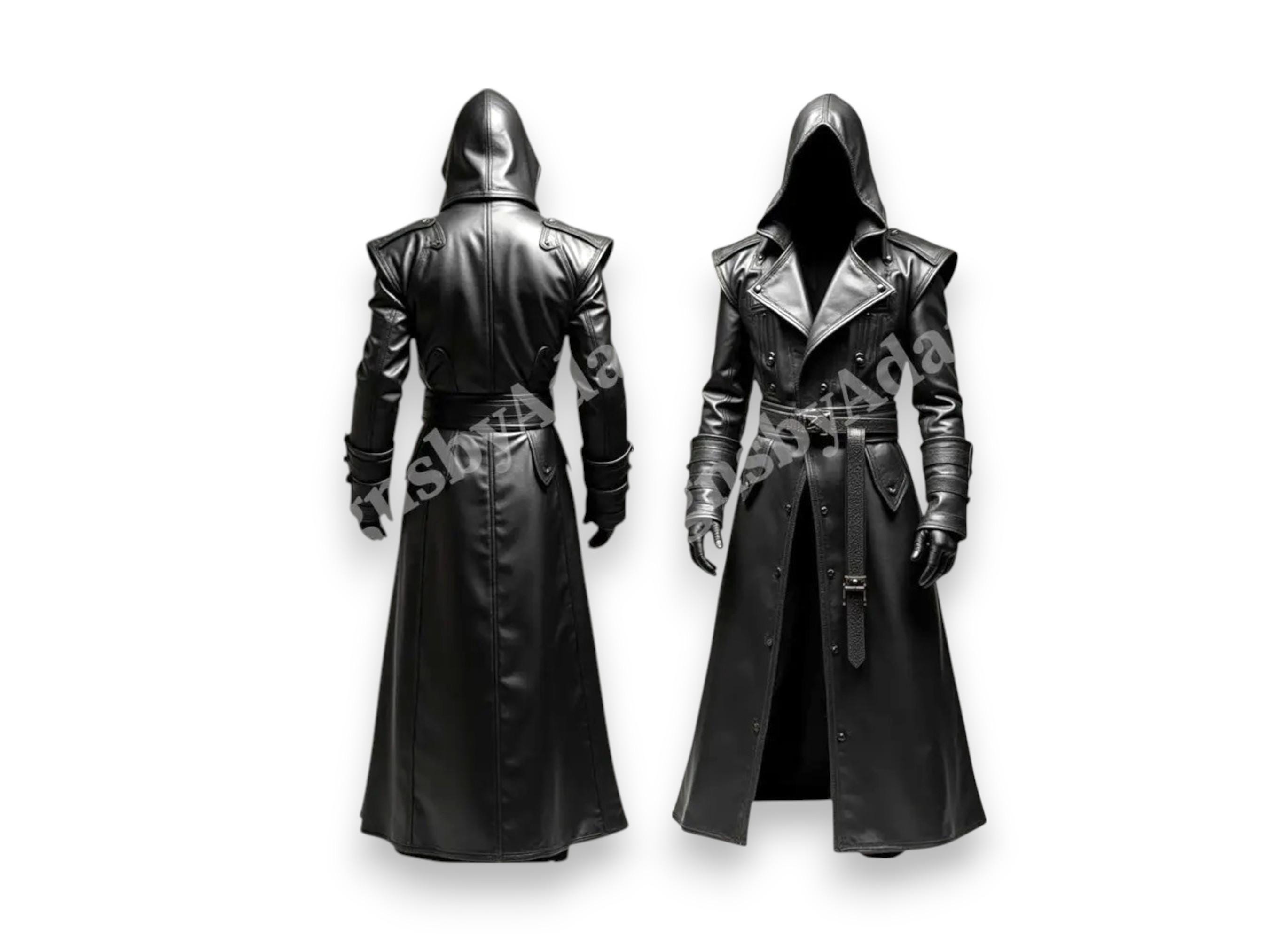 Gothic Black Leather Hooded Trench Coat for Men & Women - Steampunk Long Cloak with Belt and Epaulettes - Handmade Cosplay Costume