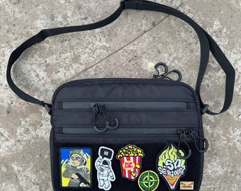 shoulder bag, crossbody bag, Handmade,Cycling, glow in the dark, Night,Safety,print, Travel,Everyday,Eco,Upcycled,reflective,shiny bag