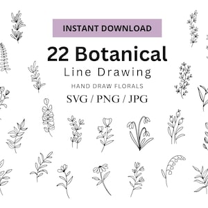 22 Botanical SVG PNG JPG Bundle | Svg files for Cricut, Silhouette l Png files for Procreate, Canva l Hand Draw Plant Art svg l Line art