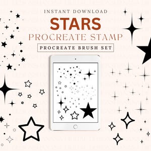 Puede incluir: Una ilustración digital de un conjunto de pinceles y sellos en forma de estrella para la aplicación Procreate. La imagen muestra una variedad de formas, tamaños y estilos de estrellas, incluyendo una gran estrella de cinco puntas, una pequeña estrella con un solo punto y una estrella con un estallido de luz.