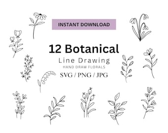 12 dibujos botánicos lineales, motivos florales dibujados a mano, SVG/PNG/JPG (descarga digital)