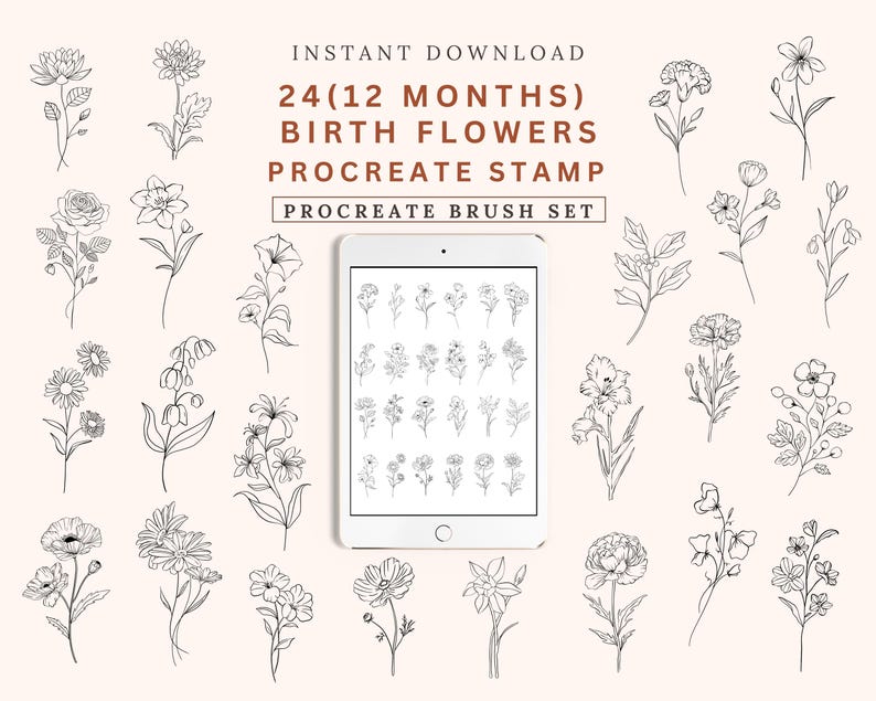 Birth Flowers Procreate Brushset, Line Art Stamps (digital Download) - Etsy