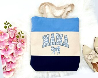 Mama Tote Bag, Faux Patchwork Embroidered, Retro Gingham Daisy
