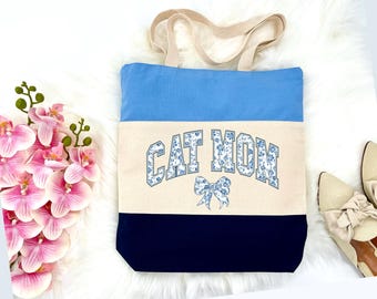 Cat Mom Pink Coquette Bow Tote Bag, Chinoiserie Cat Mom Bag, Retro