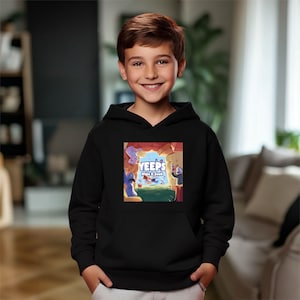 May include: A black hoodie with a colorful graphic of cartoon characters playing hide and seek. The graphic includes the text "YEEPS Hide & Seek".
