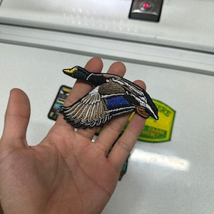 Może przedstawiać: Haftowana naszywka przedstawiająca lecącą kaczkę ze szczegółowymi piórami w odcieniach brązu, czerni, błękitu i bieli. Kaczka ma zieloną głowę i żółty dziób. Naszywka trzymana jest w dłoni, z żółtą naszywką z zielonym tekstem w tle.