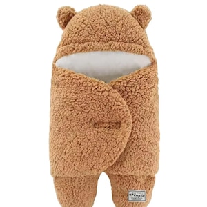 Baby Teddy Fleece Swaddle Blanket | 0-4 Months Winter Sleeping Bag | Newborn Bear Ears Wrap | Unisex Warm Infant Outfit