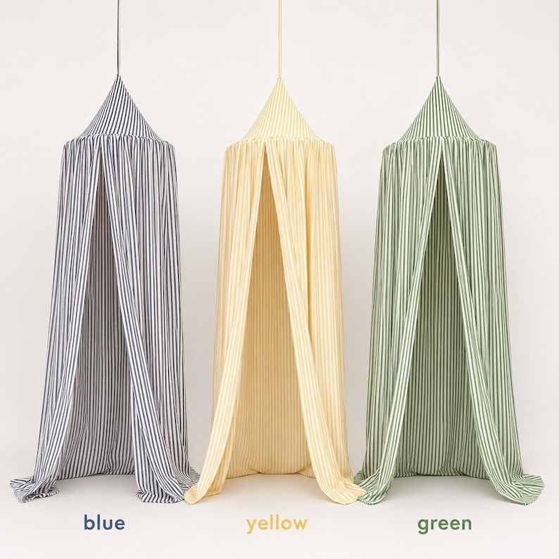 May include: Three hanging fabric canopies featuring vertical stripes in blue, yellow, and green. Each canopy has a conical top and drapes down to the floor. The text blue, yellow, and green is printed below each corresponding canopy.