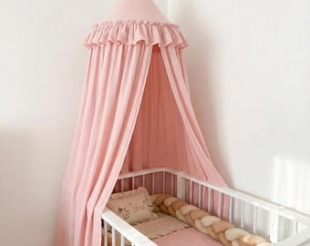 Pink Ruffled Bed Canopy for Girls Nursery, Princess Dome Canopy for Crib & Kids Room, Reading Nook Play Tent