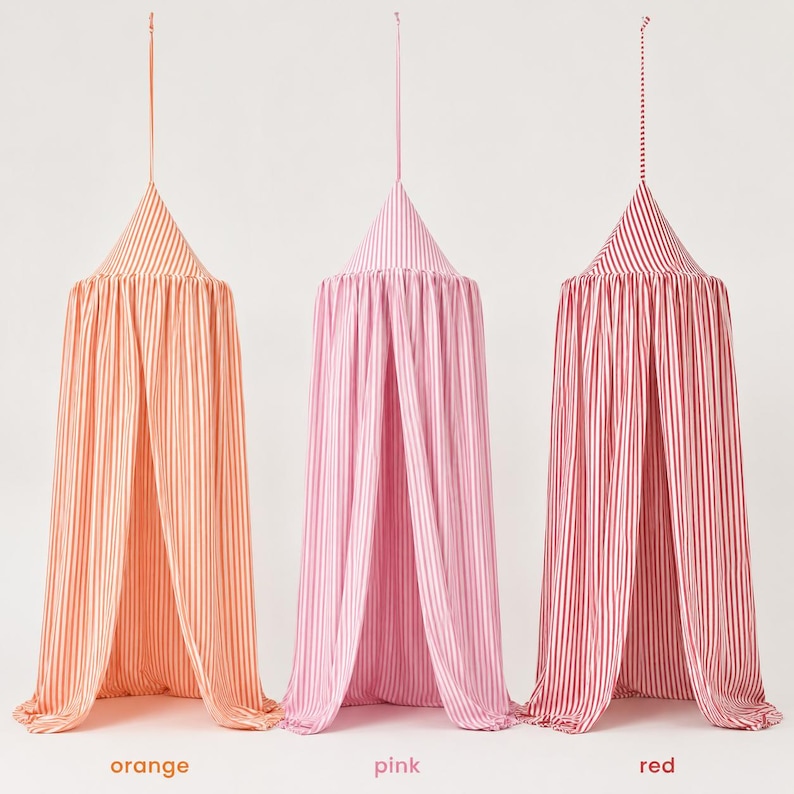 May include: Three hanging fabric canopies with a conical top and long, flowing drapes. Each canopy features vertical stripes in orange, pink, or red, alternating with white. A thin fabric loop extends from the top of each canopy for suspension.