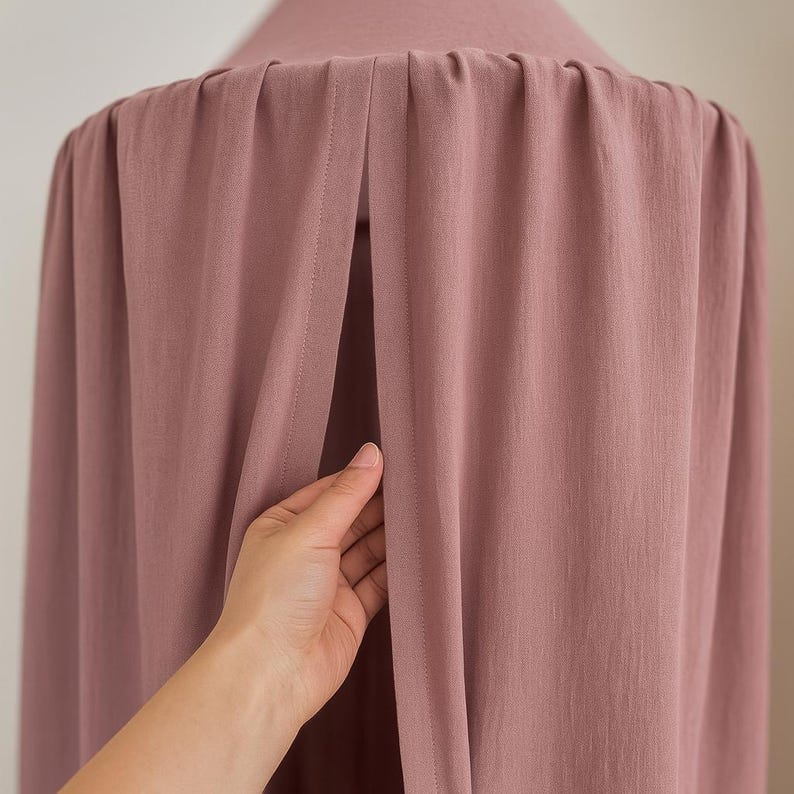 May include: A dusty rose-colored canopy with a pleated top. The fabric is soft and flowing, with a hand reaching into the opening. The canopy is designed to hang from the ceiling, creating a cozy space.