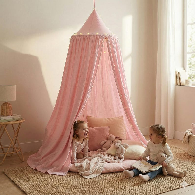 Textured White Canopy with Hook and Cord, Boho Kids Bed Canopy, Minimalist Nursery Tent, Reading Nook Decor for Baby Room image 2