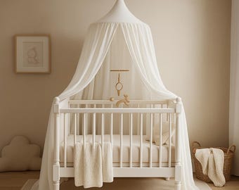 Textured White Canopy with Hook and Cord, Boho Kids Bed Canopy, Minimalist Nursery Tent, Reading Nook Decor for Baby Room