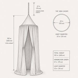 May include: A line drawing of a hanging canopy with a 22 inch hoop diameter, 27 inch hanging rope length, and 102 inch total height. The illustration includes a top view of the hoop and text labels detailing these specific imperial measurements.