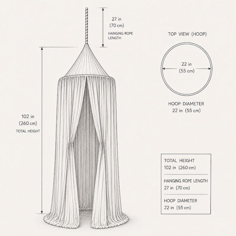 May include: A line drawing of a hanging canopy with a 22 inch hoop diameter, 27 inch hanging rope length, and 102 inch total height. The illustration includes a top view of the hoop and text labels detailing these specific imperial measurements.