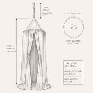May include: A line drawing of a hanging canopy with a conical top and floor-length drapes. Dimensions include a 102-inch total height, a 27-inch hanging rope length, and a 22-inch hoop diameter. The text labels specify these measurements clearly.