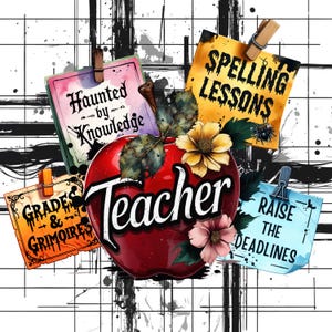 May include: A digital illustration featuring a red apple with the word "Teacher" in white. Surrounding the apple are notes with text like "Spelling Lessons" and "Grades & Grimoires", held by clothespins. The background has a grid pattern.