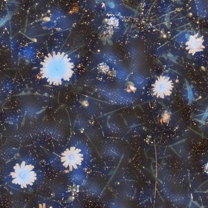 May include: A dark, dreamy image featuring a pattern of white and light blue flowers scattered across a dark blue background. The flowers have a star-like appearance, and the image has a soft, ethereal quality, with hints of green foliage.