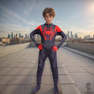 Kids Black and Red Spider Bodysuit Costume with Mask – Superhero Jumpsuit for Halloween, Cosplay, Birthday, Dress-Up & Roleplay Fun