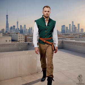 Uroczy kostium Rogue Adventure dla mężczyzn, zielona kamizelka, koszula, spodnie, pasek, buty - strój bohatera bajki na Halloween, do odgrywania ról lub na imprezę cosplay