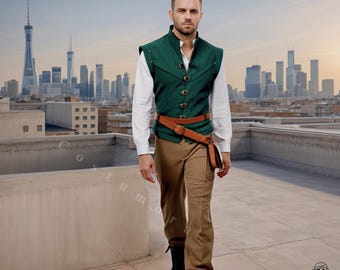 Charming Rogue Adventure Costume for Men Green Vest Shirt Pants Belt Boots - Fairytale Hero Outfit for Halloween, Roleplay, or Cosplay Event