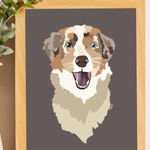 Peut inclure: Une illustration encadrée d'un chien avec une fourrure brune, blanche et noire. Le chien a un œil bleu et un œil marron et sourit la bouche ouverte. L'arrière-plan est de couleur gris foncé.