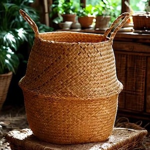 Puede incluir: Una cesta grande de mimbre natural con dos asas. La cesta está hecha de un material marrón claro y tiene un patrón tejido. La cesta está sentada sobre una estera tejida.