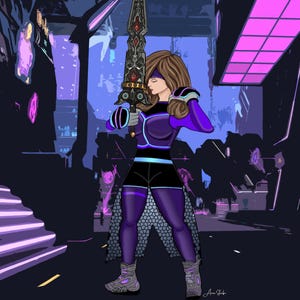 May include: Digital illustration of a female figure in a futuristic purple and black outfit, holding a detailed sword. The background depicts a cityscape with neon lights, creating a sci-fi or fantasy theme.